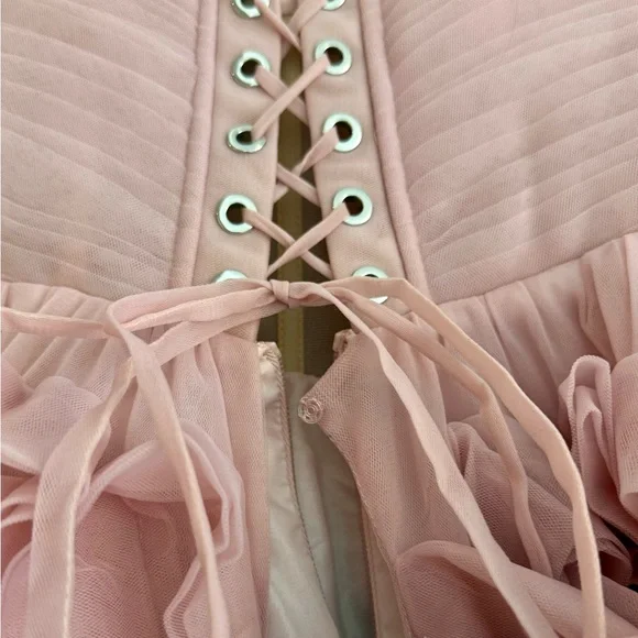 Milla Strapless Dress. Dramatically flowered tulle dress in misty pink. - Picture 5 of 13